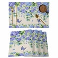 thumbnail image 1 of Purple Hydrangea Placemats Set of 8, Spring Eucalyptus Butterfly Rustic Burlap Placemats for Dining Table, Place Mats for Kitchen Tabletop, Waterproof Wipeable Dining Table Mats Set, 1 of 9