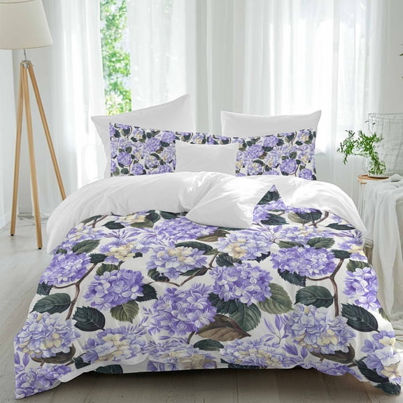 Purple Hydrangea Queen Size Comforter Set, Floral Country Farmhouse Watercolor Bedding for All Seasons, 4 Pcs Bed Set, 1Quiltcover (90"x92") ,1Sheet(94"x116"), 2Pillowcases (30"x20")