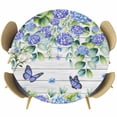 thumbnail image 1 of Purple Hydrangea Round Tablecloth, Fitted Table Cover with Elastic for 36"-44" Round Tables, Spring Eucalyptus Butterfly Grey Wooden Table Cloth Outdoor Indoor Dinning Party Waterproof Tablecloths, 1 of 7