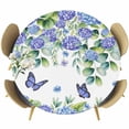 thumbnail image 1 of Purple Hydrangea Round Tablecloth, Fitted Table Cover with Elastic for 45"-54" Round Tables, Spring Eucalyptus Butterfly Pastoral Table Cloth Outdoor Indoor Dinning Party Waterproof Tablecloths, 1 of 7