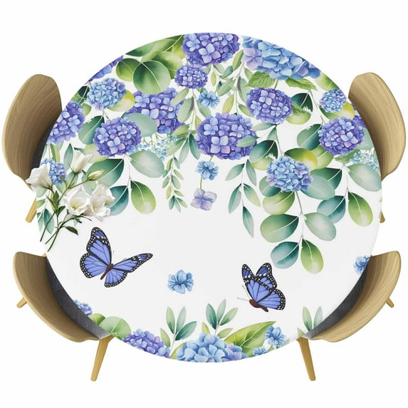 Purple Hydrangea Round Tablecloth, Fitted Table Cover with Elastic for 45"-54" Round Tables, Spring Eucalyptus Butterfly Pastoral Table Cloth Outdoor Indoor Dinning Party Waterproof Tablecloths