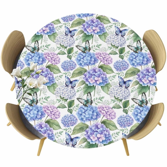 Purple Hydrangea Round Tablecloth, Fitted Table Cover with Elastic for 45"-54" Round Tables, Spring Floral Elegant Pastoral Butterflies Table Cloth Outdoor Indoor Dinning Party Waterproof Tablecloths