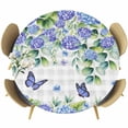 thumbnail image 1 of Purple Hydrangea Round Tablecloth, Fitted Table Cover with Elastic for 55"-60" Round Tables, Spring Eucalyptus Butterfly Grey Plaid Table Cloth Outdoor Indoor Dinning Party Waterproof Tablecloths, 1 of 7