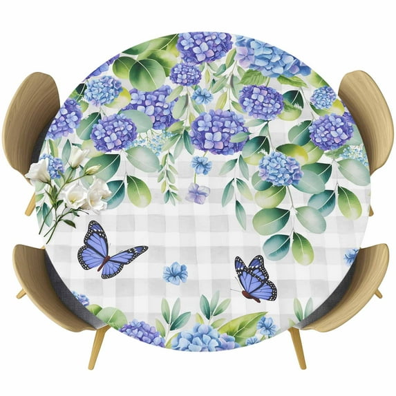 Purple Hydrangea Round Tablecloth, Fitted Table Cover with Elastic for 55"-60" Round Tables, Spring Eucalyptus Butterfly Grey Plaid Table Cloth Outdoor Indoor Dinning Party Waterproof Tablecloths