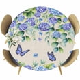 thumbnail image 1 of Purple Hydrangea Round Tablecloth, Fitted Table Cover with Elastic for 55"-60" Round Tables, Spring Eucalyptus Butterfly Rustic Burlap Table Cloth Outdoor Indoor Dinning Party Waterproof Tablecloths, 1 of 7