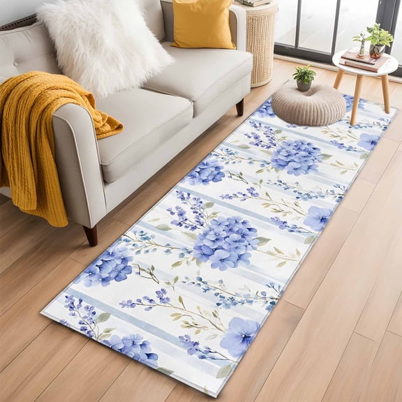 Purple Hydrangea Runner Rug 2x6 FT, Non Slip Hallway Rugs, Stripe Botanical Vintage Washable Soft Floor Carpet Non-Shedding Throw Runner Carpet Long Rug for Entryway Kitchen Bedside Sliding Door