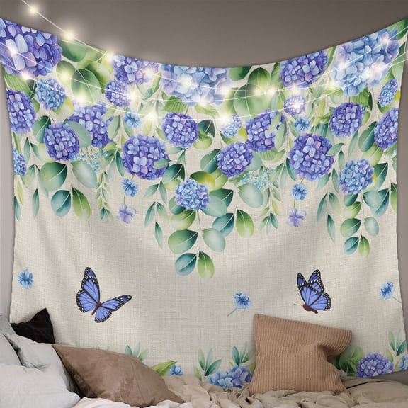 Purple Hydrangea Small Tapestry for Bedroom Wall Hanging Tapestry,Spring Eucalyptus Butterfly Rustic Burlap Ceiling Backdrop Tapestries Poster Blanket Wall Decor for Teens Room Living Room 23" x 28"