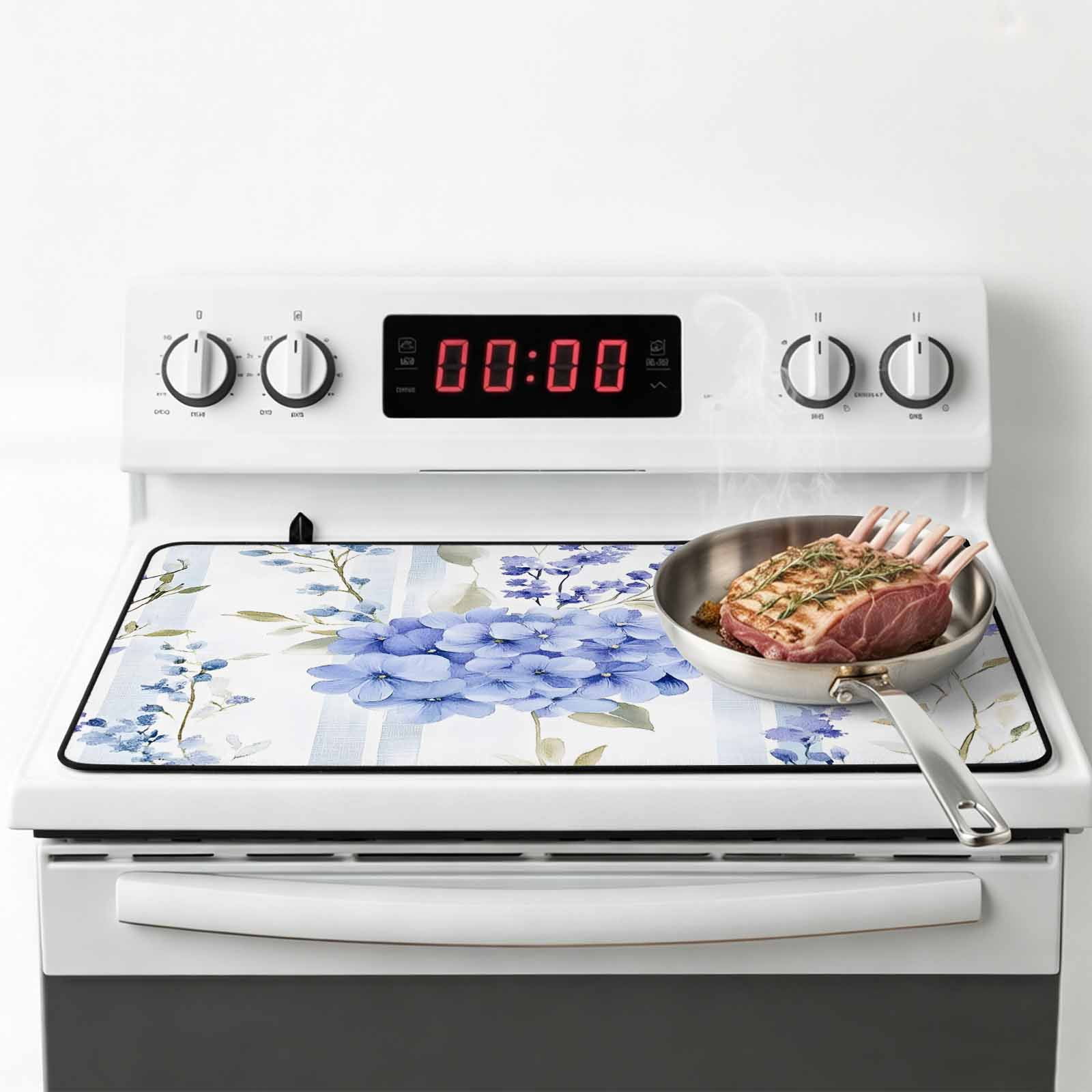 Purple Hydrangea Stove Top Cover for Electric Stove, Heat-proof & Non Slip Glass Top Stove Cover Protector, Stripe Botanical Vintage Kitchen Flat Cooktop Rubber Mat 24x21 Inches