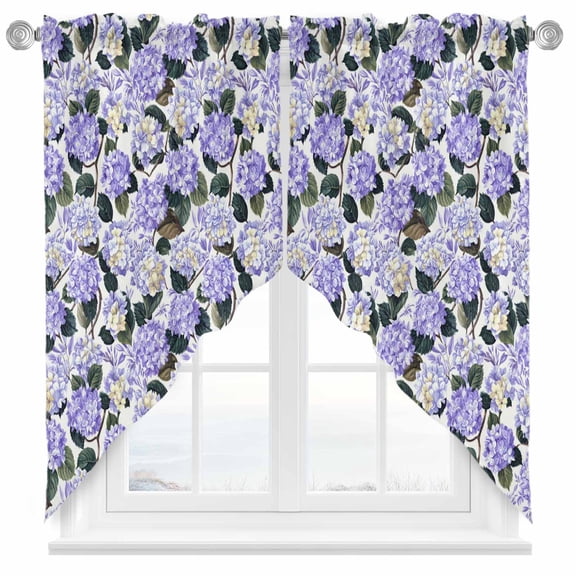 Purple Hydrangea Swag Kitchen Curtain Valances, Floral Country Farmhouse Watercolor Rod Pocket Curtains Window Treatment Decor Valances for Bedroom Bathroom, 2 Panels 28 x 36 Inch