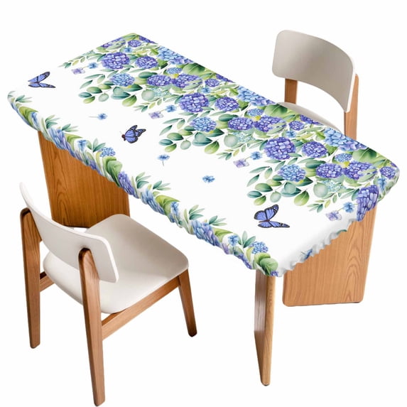 Purple Hydrangea Table Cloths for 5 Foot Rectangle Tables, Spring Eucalyptus Butterfly Pastoral Patio Waterproof Elastic Fitted Tablecloths, Washable Rectangular Table Cover for Camping