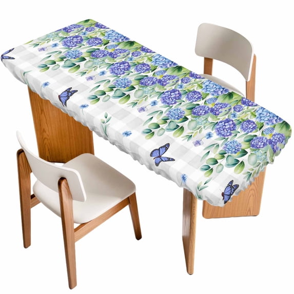 Purple Hydrangea Table Cloths for 8 Foot Rectangle Tables, Spring Eucalyptus Butterfly Grey Plaid Patio Waterproof Elastic Fitted Tablecloths, Washable Rectangular Table Cover for Camping