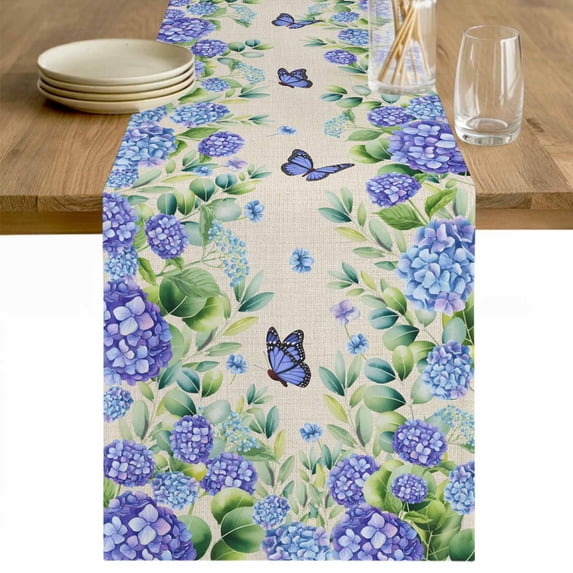 Purple Hydrangea Table Runner 48 Inches Long Farmhouse Dress Scarves, Spring Eucalyptus Butterfly Rustic Burlap Dining Tablerunner for Coffee Table/Kitchen Island/Party Décor, 13" x 48"