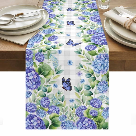 Purple Hydrangea Table Runner - 70 Inch Long, Kitchen Dining Table Runner Dresser Scarves, Spring Eucalyptus Butterfly Grey Plaid Farmhouse Decor for Coffee Tables Wedding Party Banquet