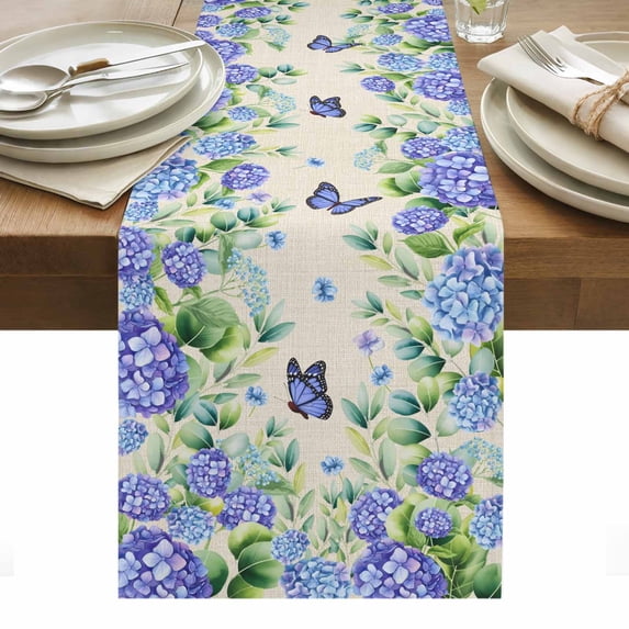 Purple Hydrangea Table Runner - 70 Inch Long, Kitchen Dining Table Runner Dresser Scarves, Spring Eucalyptus Butterfly Rustic Burlap Farmhouse Decor for Coffee Tables Wedding Party Banquet