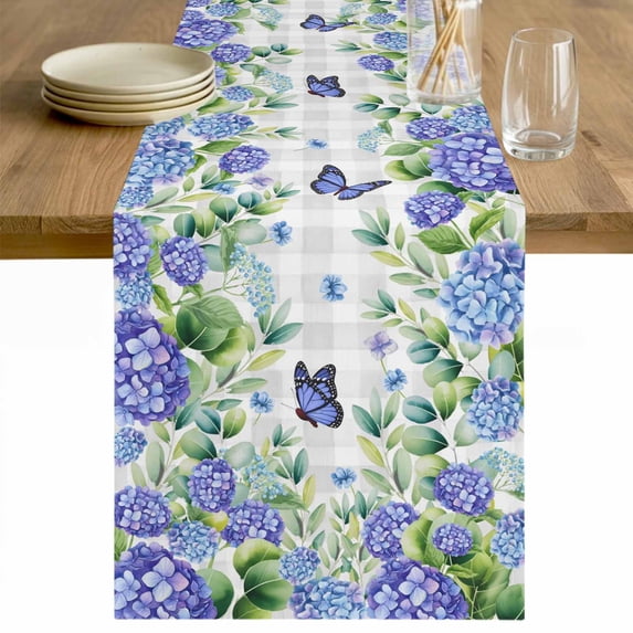 Purple Hydrangea Table Runner 72 Inches Long Farmhouse Dress Scarves, Spring Eucalyptus Butterfly Grey Plaid Dining Tablerunner for Coffee Table/Kitchen Island/Party Décor, 13" x 72"