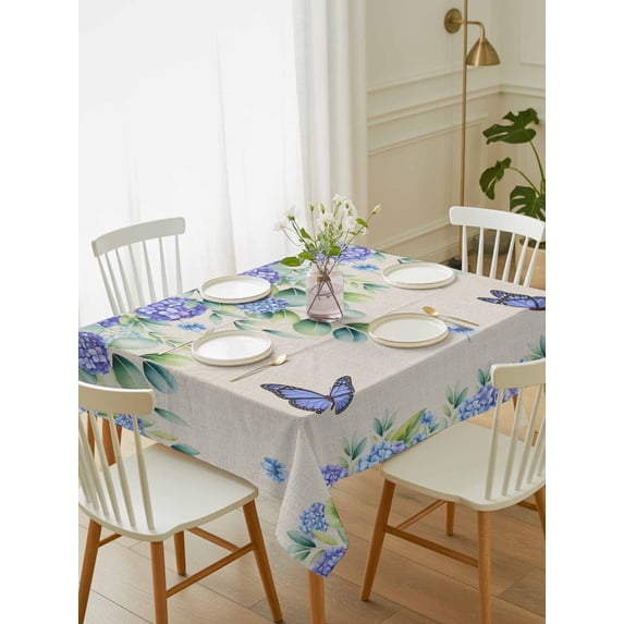 Purple Hydrangea Tablecloth Rectangle Table Cloth 60x102, Waterproof Tablecloth Outdoor Table Cloth, Spring Eucalyptus Butterfly Rustic Burlap Washable Table Cover for Kitchen Dinning Party