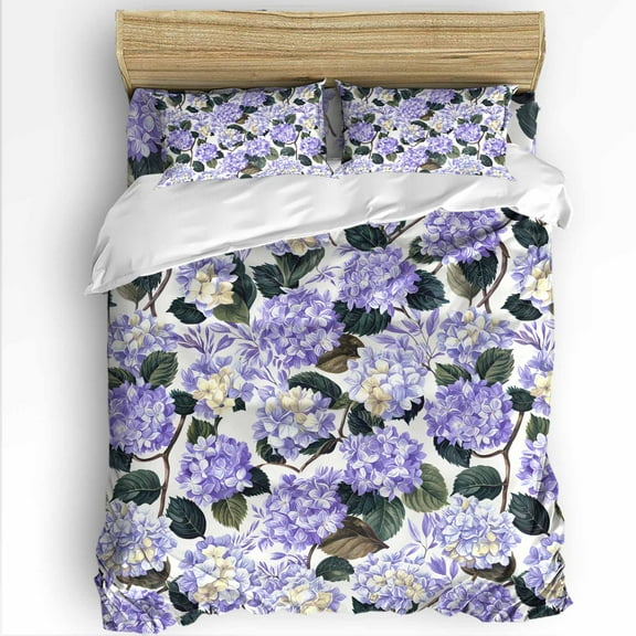 Purple Hydrangea Twin Size Comforter Set, Floral Country Farmhouse Watercolor Soft Bedding for All Seasons, 4 Pcs Bed Set with 1 Comforter (68"x86") ,1Sheet(66"x116"), 2 Pillowcases (19"x29")