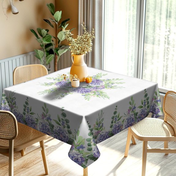 Purple Hydrangea Wedding Tablecloth Purple Flower Square Table Cloth Eucalyptus Leaf Table Cover Soft Resistant Dining Table Cover Floral Print for Parties, Wedding, Thanksgiving 54x54Inch