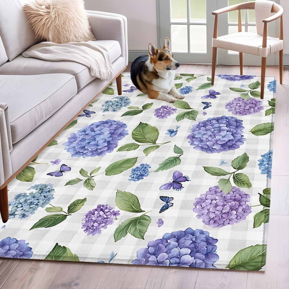 Purple Hydrangeas Area Rug 3x5 Washable Rug Non Slip Botanical Garden Floral Plaid Large Area Rug Indoor Floor Carpet for Entryway Bedroom Kitchen Living Room Home Office Dining Room Nursery
