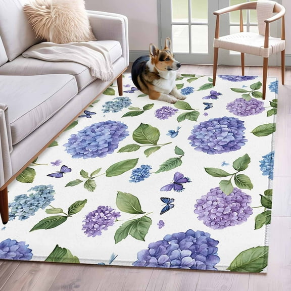 Purple Hydrangeas Area Rug 4x6 Washable Rug Non Slip Spring Botanical Garden Florals Large Area Rug Indoor Floor Carpet for Entryway Bedroom Kitchen Living Room Home Office Dining Room Nursery