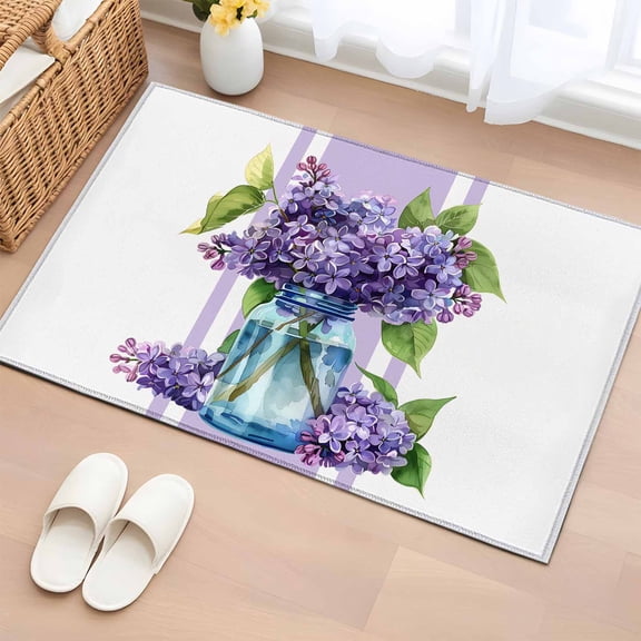 Purple Hydrangeas Bathroom Rug Washable 2x3 Entryway Rug Non Slip Farmhouse Purple Stripe Linen Front Door Mat Low Pile Indoor Doormat Throw Floor Carpet for Kitchen Bedroom Entrance