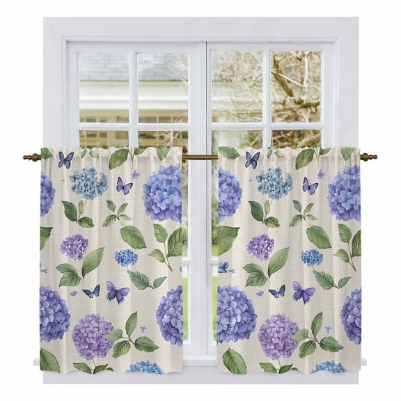 Purple Hydrangeas Kitchen Curtains, Botanical Garden Florals Retro Light Filtering Window Curtain Panels, 2Pcs Rod Pocket Window Treatments Set for Cabin Bathroom Bedroom 52x45 Inches