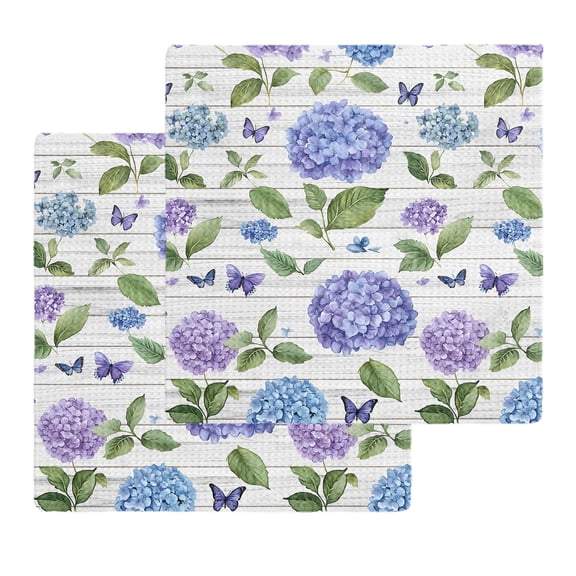 Purple Hydrangeas Kitchen Dish Towels for Drying Dishes Set of 2, Botanical Flowers Rustic Wooden Waffle Weave Microfiber Hand Tea Bathroom Towels Quick Dry & Absorbent Towel 12x12