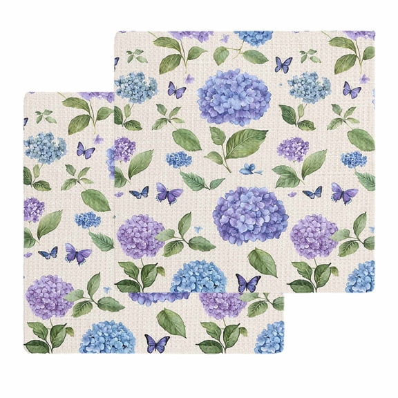Purple Hydrangeas Kitchen Dish Towels for Drying Dishes Set of 2, Botanical Garden Florals Retro Waffle Weave Microfiber Hand Tea Bathroom Towels Quick Dry & Absorbent Towel 12x12