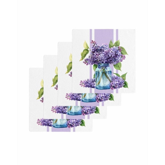 Purple Hydrangeas Kitchen Dish Towels for Drying Dishes Set of 4, Farmhouse Purple Stripe Linen Waffle Weave Microfiber Terry Hand Tea Bathroom Towels Quick Dry & Absorbent Towel 12x12