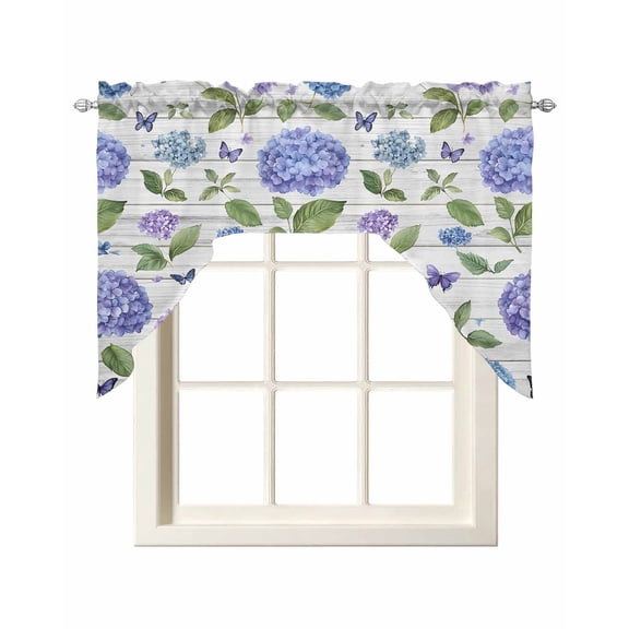 Purple Hydrangeas Kitchen Swag Valances for Windows, Botanical Flowers Rustic Wooden Swag Valances Curtains for Living Room, Rod Pocket Window Treatments for Bathroom, Bedroom, Cafe, 56"x36"