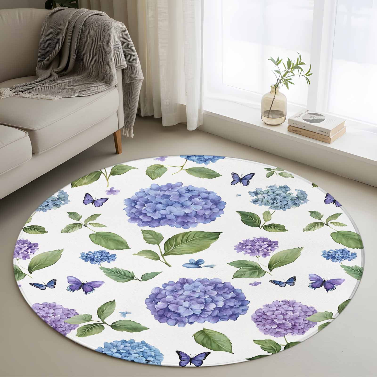 Purple Hydrangeas Round Rug 4ft Washable Circle Entryway Rugs Non Slip ...