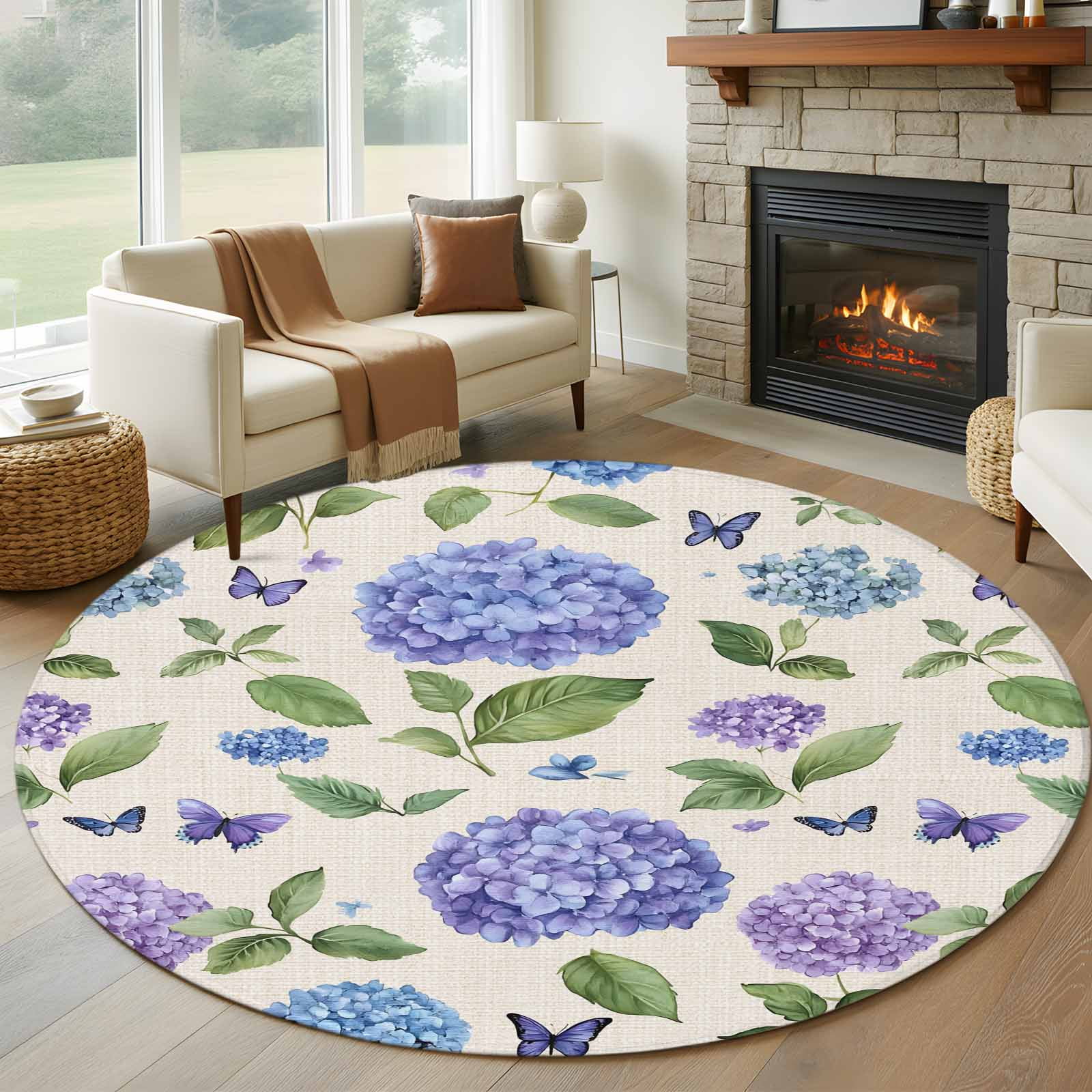 Purple Hydrangeas Round Rug 5ft Washable Circle Kitchen Rugs Non Slip ...