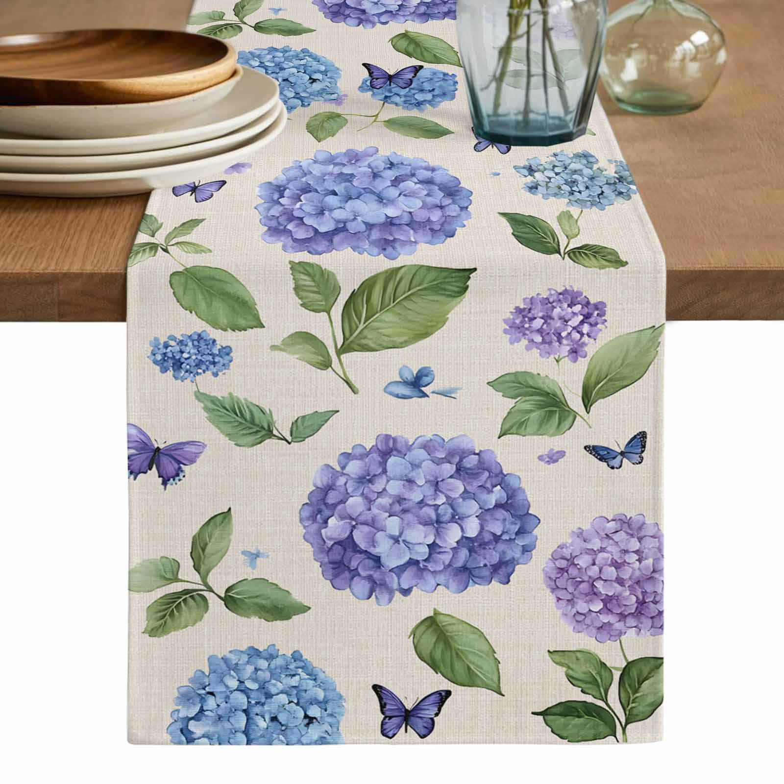 Hydrangea Table Linens Purple Hydrangeas Table Runner, Botanical Garden Florals Retro Washable ...