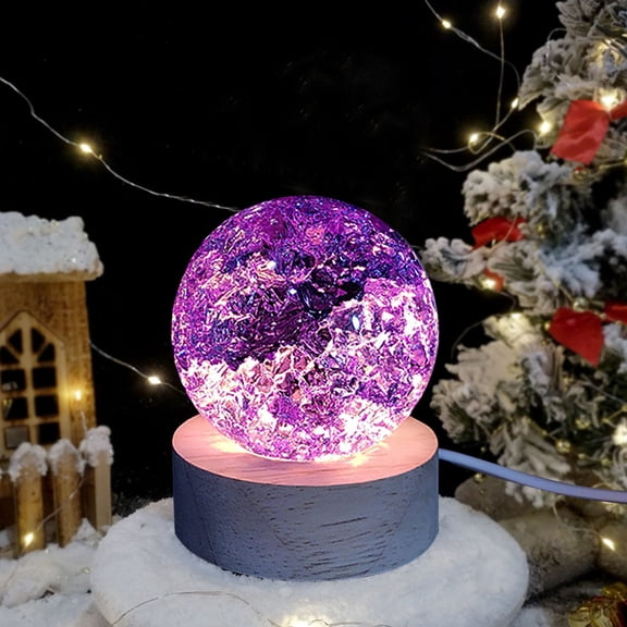 Purple Ice Cracked Glass Crystal Ball with LED Wooden Base,Decorative Ball for Dinner Party Centerpiece,Multicolor Crystal Solid Spheres for Home Living Room Night Light Ornament