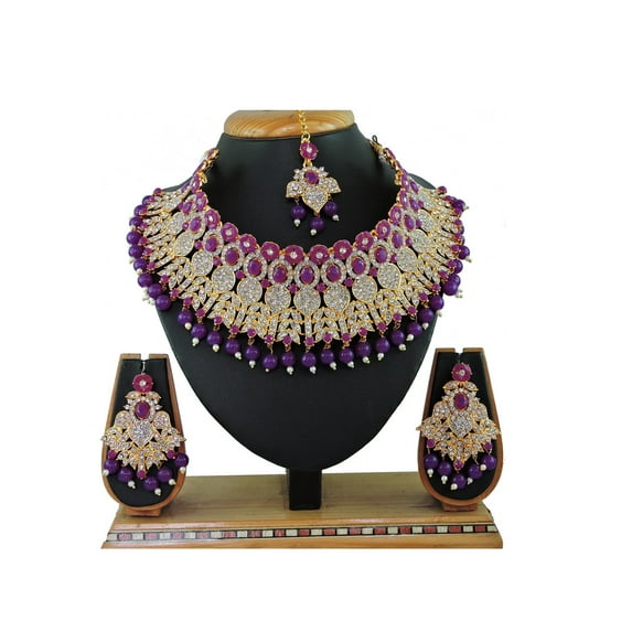Purple Indian Bollywood Fashion Style Gold Plated Wedding & Bridal Necklace Earrings Kundan Jewelry Set