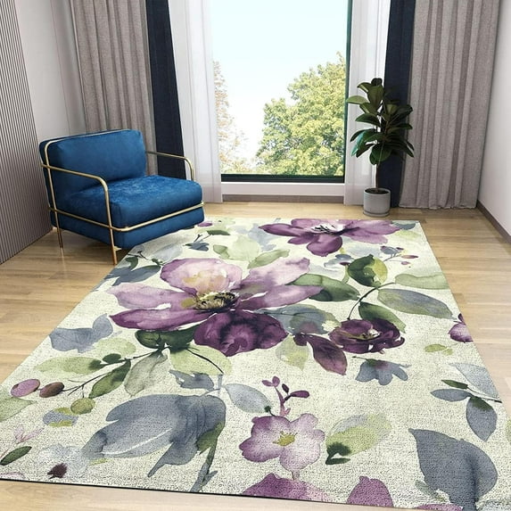 Purple Ink Flower Plant Area Rug Retro Light Luxury Beautiful Printed Rugs Indoor Non Slip Machine Washable Breathable Durable Carpet Front Entrance Floor Decor 2x3 Non-slip Soft