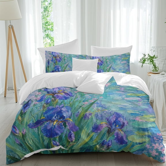 Purple Iris 4 piece Duvet Cover Set, Comfort Bedding Set California King Size Rustic Purple Floral Green Botanical Oil Painting Texture a Duvet Cover, a Bed Sheet, 2 Pillowcase with Zipper