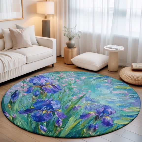Purple Iris 7' Round Rugs for Living Room Conversation Area, Pond Surface Flower Green Leaf Periwinkle French Country Washable Non Slip Large Circle Area Rug Under Dining Table