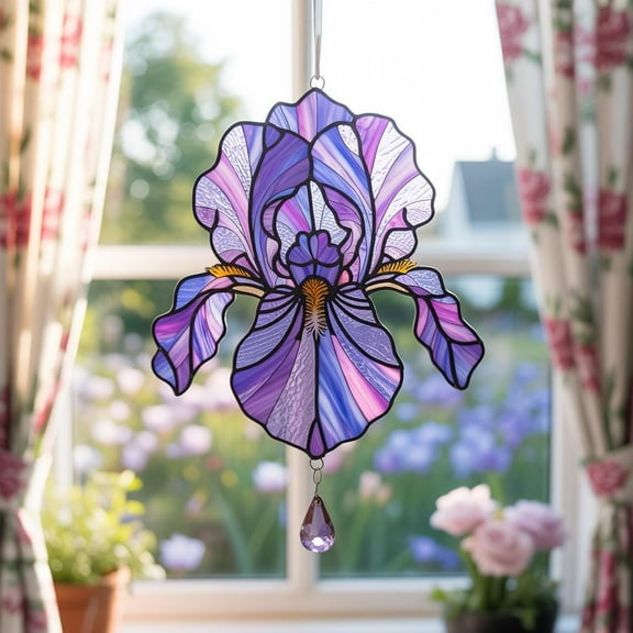 Purple Iris Acrylic Suncatcher Crystal-Look Sun-Catcher, Iris Faux Stained-Glass Floral Window Hanging, Garden Decor
