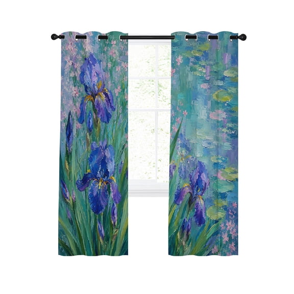 Purple Iris Blackout Curtains for Bedroom Living Room, Pond Surface Flower Green Leaf Periwinkle French Country 63 In Long Thermal Insulated Room Darkening Drapes Grommet Window Treatment, 52 x 63 In