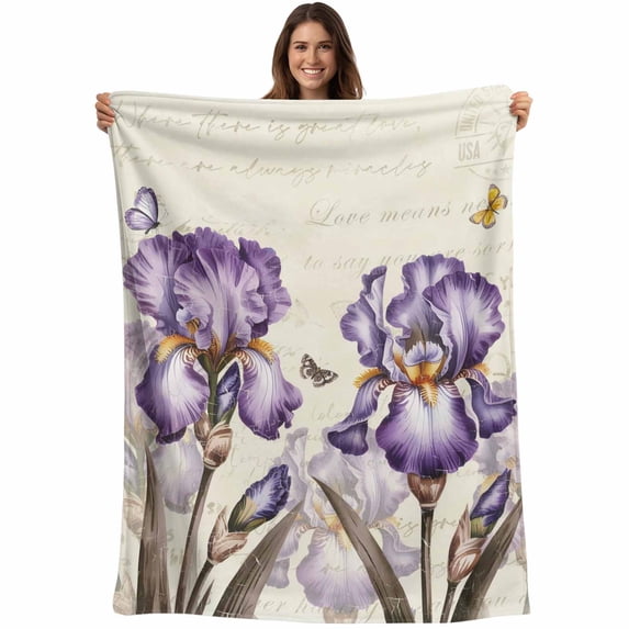 Purple Iris Blanket Soft Cozy Warm Throw Blanket for Couch, Plush Fuzzy Flannel Fleece Blankets for Sofa, Spring Vintage Butterfly Leaves Flowers Beige Bed Blankets Lightweight Gifts for Men, 50"x60"