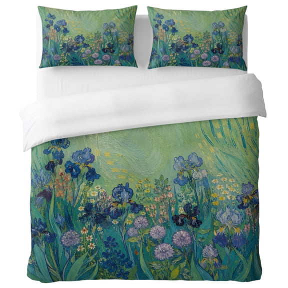 Purple Iris Blossoms California King Duvet Cover Set, Flower Green Grass Botanical Oil Painting Style Decorative 3 Piece Bedding Set with Zipper Closure Breathable Comforter Cover & 2 Pillowcases
