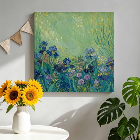 Purple Iris Blossoms Canvas Wall Art for Living Room, Flower Green Grass Botanical Oil Painting Style Poster Print Painting for Bedroom Office Home Decoration Wall Pictures Prepare To Hang 8"x8"