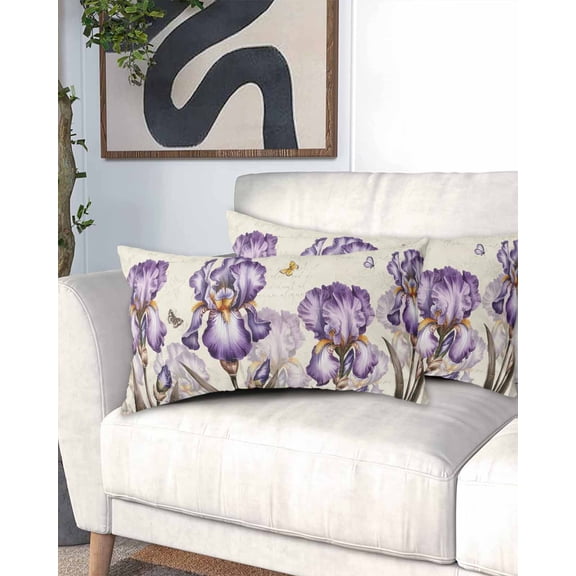 Purple Iris California King Pillow Case - Microfiber Bed Throw Pillow Covers, Spring Vintage Butterfly Leaves Flowers Beige Decorative Lumbar Pillow Cover with Envelope Closure for Sofa 20"x40"