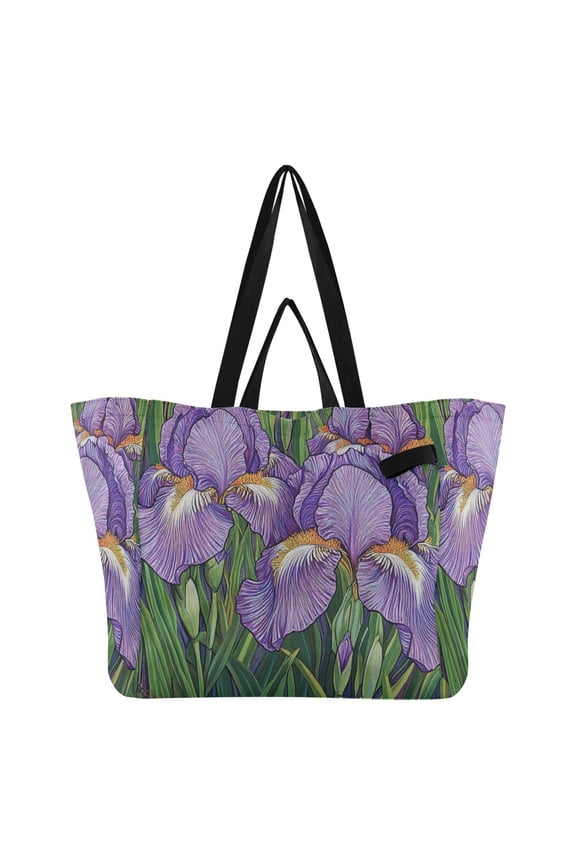 Purple Iris Canvas Tote Bag Large Capacity Reusable Tote with Double Handles, Foldable Heavy Duty Shopping Beach Laundry Bag, 32L