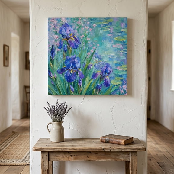 Purple Iris Canvas Wall Art for Living Room Bedroom Bathroom, Pond Surface Flower Green Leaf Periwinkle French Country Canvas Art Wall Decor, Artwork for Walls Home Office Decor, 8"x8"