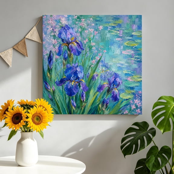 Purple Iris Canvas Wall Art for Living Room, Pond Surface Flower Green Leaf Periwinkle French Country Poster Print Painting for Bedroom Office Home Decoration Wall Pictures Prepare To Hang 8"x8"