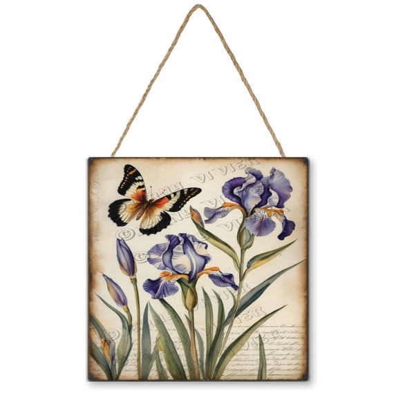 Purple Iris Decorative Wood Hanging Wood Plaque, Rustic Door Sign, Wall Decor Art, Housewarming Gift 12x12 inches