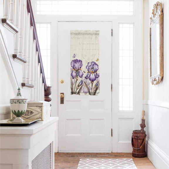 Purple Iris Door Curtains for Door Window, French Sidelight Front Back Door Curtains With Tieback, Vintage Butterfly Flowers Beige Kitchen Rod Pocket Drapes Panel, 25"x40"