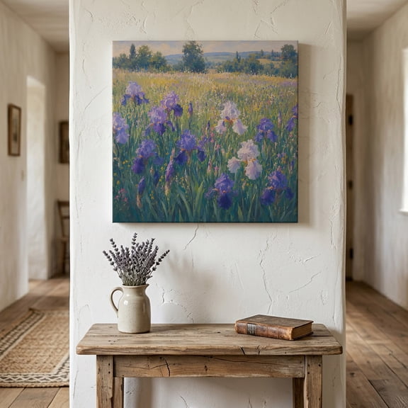 Purple Iris Field Canvas Wall Art for Living Room Bedroom Bathroom, Summer Pastoral Wildflower Meadow Tree Rustic Canvas Art Wall Decor, Artwork for Walls Home Office Decor, 8"x8"